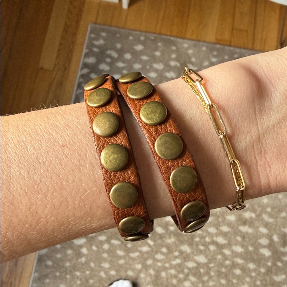 Fiocchi Italy Brown Leather Gold Tone Studded Wrap Bracelet